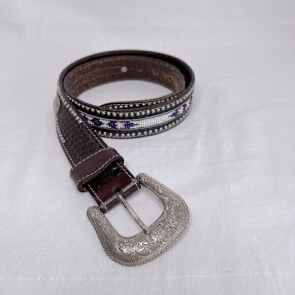 Unbranded Other - Vintage Aztec design handmade leather belt, men’s size 32-33 waist